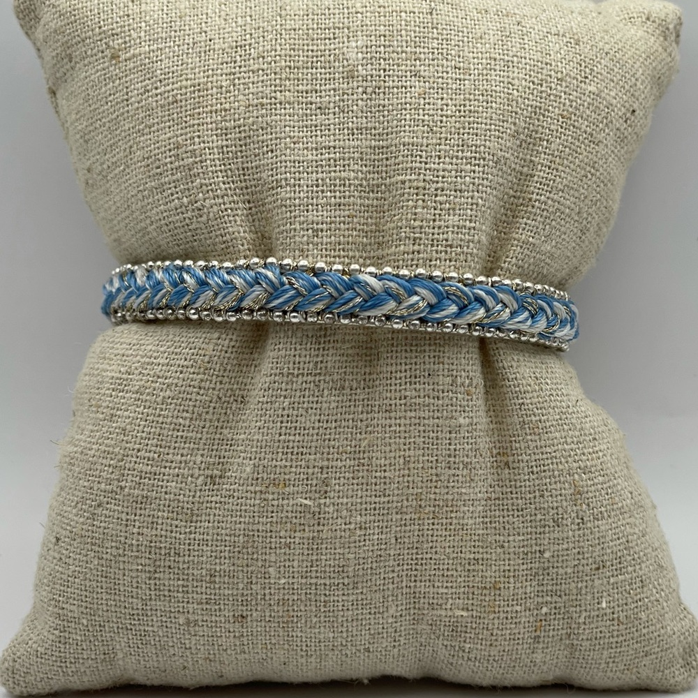 Stella & Dot cuff bracelet, blue & white braid on silver cuff